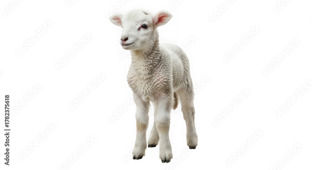 Fototapeta premium A curious young white lamb with soft wool stands gracefully.