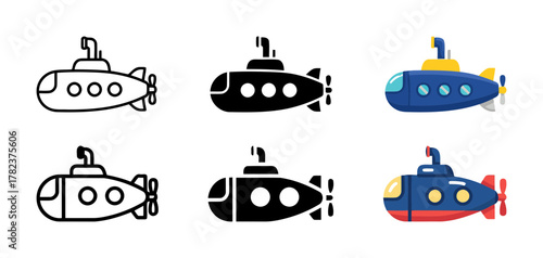 Submarine Transportation Icon Set: Line, Black Silhouette, and Detailed Color Illustrations for Sea Voyage, Military, and Underwater Exploration