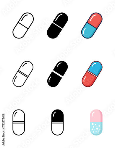 Medical Capsule Pill Icon Set: Outline, Black Glyph, and Various Color Illustrations for Pharmacy, Health Care, Medicine, and Treatment Concepts