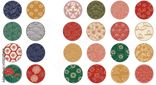 Collection of Japanese-inspired circular patterns with traditional motifs and vibrant colors.