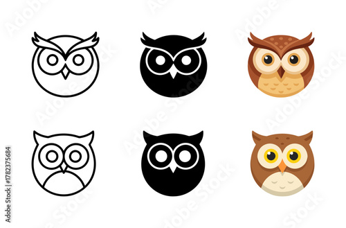 Owl Bird Icon Set: Outline, Black Silhouette, and Colorful Cartoon Illustrations for Wisdom, Night, Nature, Animal, and Education Concepts