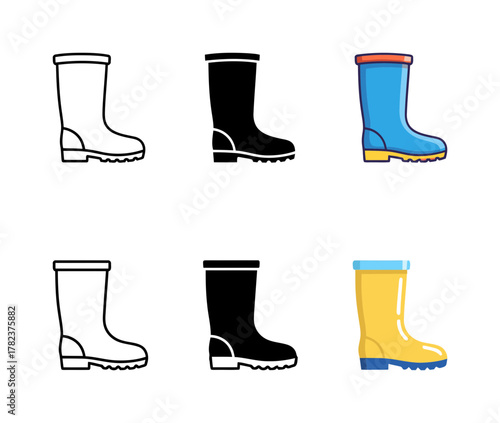 Rubber Rain Boots Icon Set: Outline, Solid Black, and Colorful Cartoon Illustrations for Weather, Gardening, Protection, and Outdoor Apparel