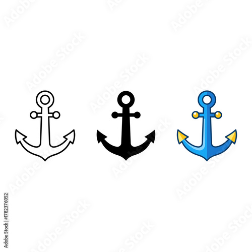 Ship Anchor Icon Set: Outline, Solid Black, and Colorful Cartoon Illustrations for Maritime, Sailing, Security, Navy, and Stability Concepts