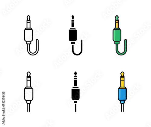 Audio Jack Connector Icon Collection: Outline, Solid, and Color Vector Illustrations of 3.5mm Plug for Sound, Music, Technology, and Multimedia Devices