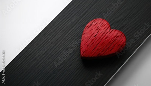 A closeup of a red wooden heart resting on a dark surface, symbolizing love, vintage design, gift theme