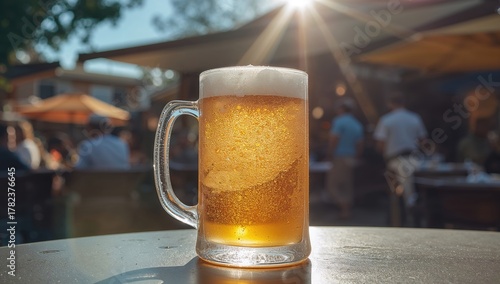 Chilled beer served in a mug during summer in an outdoor setting, refreshing beverage choice