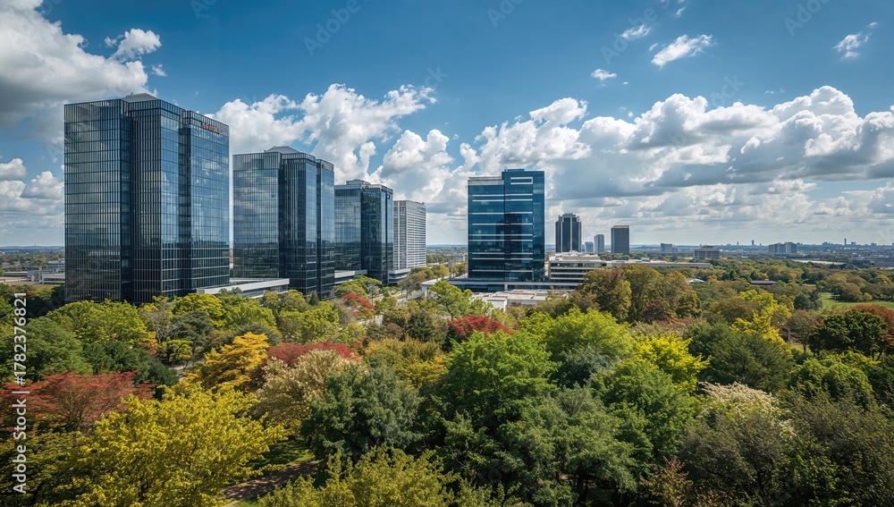 Fototapeta premium Business park with tall office buildings surrounded by trees on a sunny summer afternoon, promoting urban density