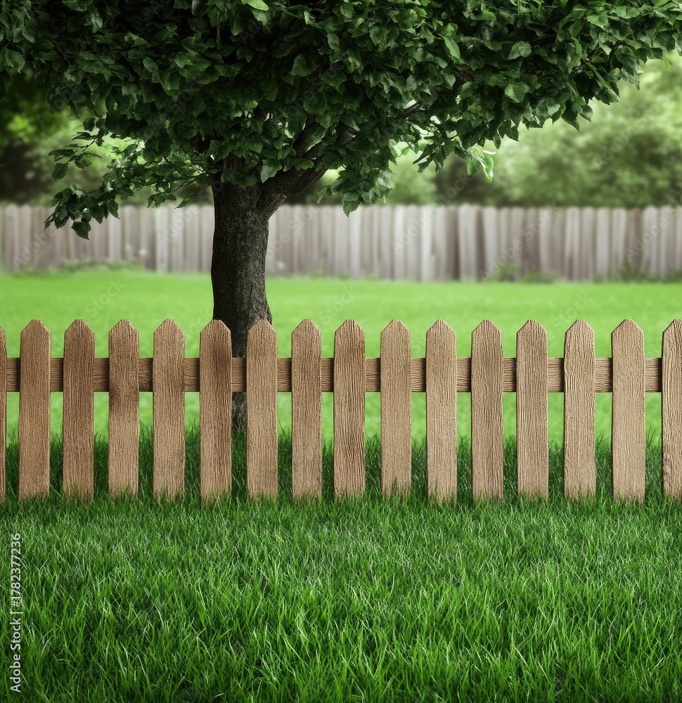 Fototapeta premium Wooden fence surrounding lush green grass under a vibrant tree creates a serene garden atmosphere