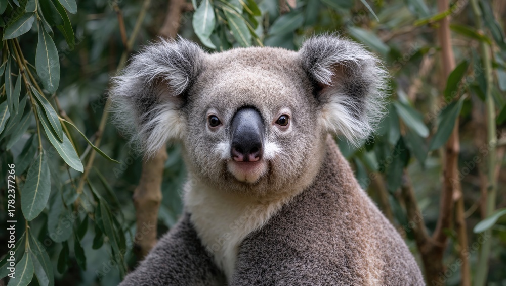 Fototapeta premium Koala bear resting in a tree, observing its natural habitat, wildlife preservation