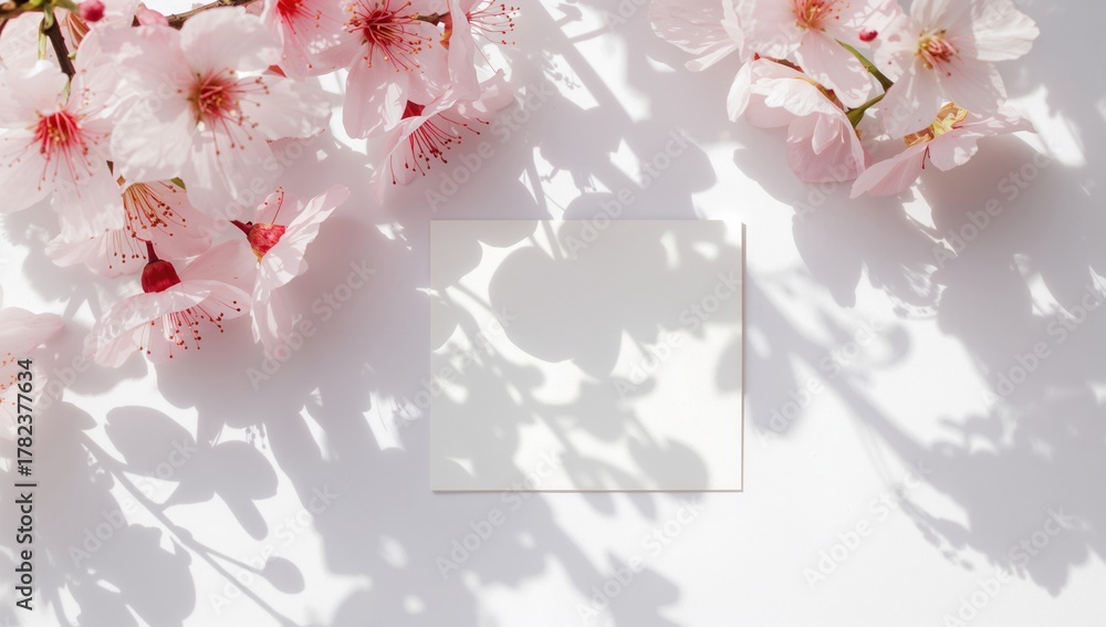 Naklejka premium Spring-themed wedding stock image with feminine desktop setup. Blooming pink cherry blossom branch. Blank invitation card mockup in natural sunlight. White dappled wooden surface background.