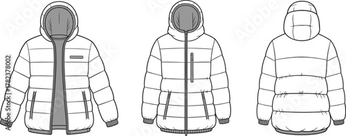Puffer jacket technical flat vector fashion illustration with hood front and back view detailed winter outerwear design template drawing