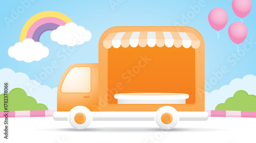 cute kawaii style orange truck shop with awning and podium display on bright colorful street scene illustration vector graphic