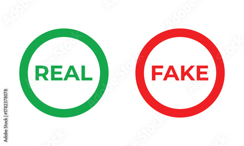 Green “REAL” and red “FAKE” text inside circles on white background. Concept of authenticity, verification, truth, and falsehood. Ideal for trust, fact-checking, and quality comparison visuals.