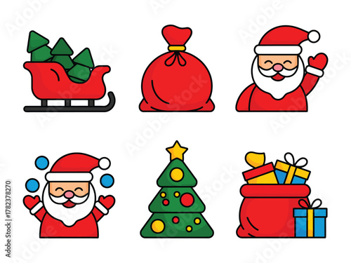 A collection of stylized Christmas icons, including Santa Claus, a sleigh, gift bags, and a Christmas tree.