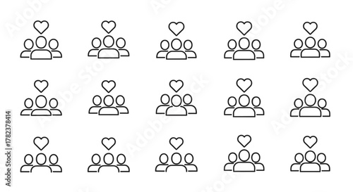 A collection of fifteen simple, clean, and modern outline icons depicting groups of people with a heart symbol above the central figure, representing concepts like community, love, support, teamwork