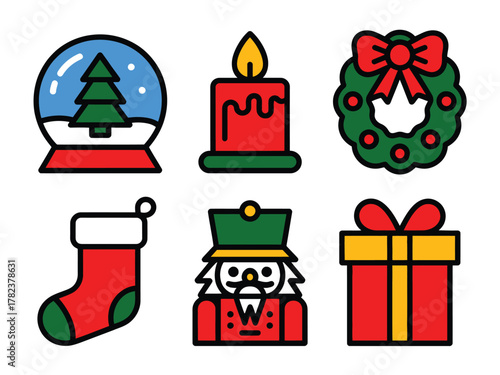 A collection of festive Christmas icons including a snow globe, candle, wreath, stocking, nutcracker, and gift box.