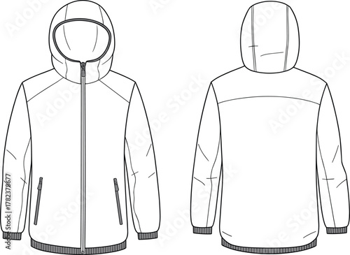 Unisex hooded jacket front and back flat sketch vector template with zipper pockets and ribbed hem technical fashion illustration