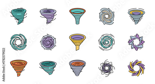 Set of 15 modern outline style icons representing various vortex and funnel shapes, including tornadoes and hurricanes, in vibrant colors. These versatile vector illustrations are perfect for design