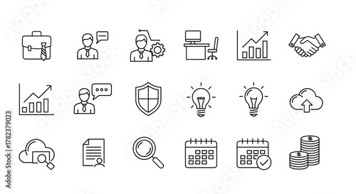 Business and Human Resources Thin Line Web Icon Set: A comprehensive collection of outline icons representing key aspects of business, office management, and human resources, including briefcase