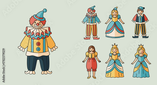 Collection of flat vector mini-illustrations depicting children's costume icons, featuring a cheerful clown, elegant princesses, and a jester, all rendered in vibrant colors, perfect for educational