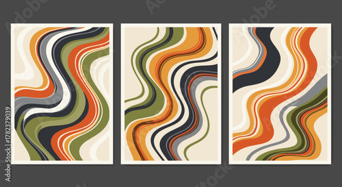 Mid-century modern minimalist art print set featuring wavy shapes and lines in a grainy, bold brush stroke texture, organic shapes, and a palette of cream, orange, olive green, and charcoal grey