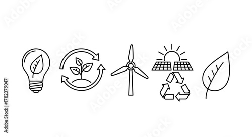 Set of clean line icons representing eco-friendly energy and sustainability concepts, including a lightbulb with a leaf, plant growth cycle, wind turbine, solar panels with sun, recycling symbol, and