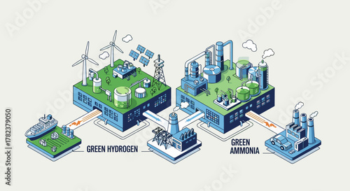Isometric graphic illustrating the production of green ammonia and green hydrogen, showcasing renewable energy sources like wind turbines and solar panels powering industrial processes for a clean