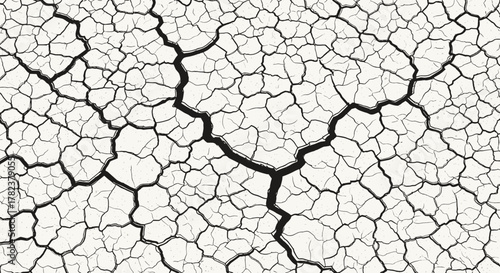 Seamless grunge texture of cracked earth, rendered in a vivid, hand-drawn line art style. This vector graphic features a detailed, abstract pattern of dry, fractured ground, evoking a sense of