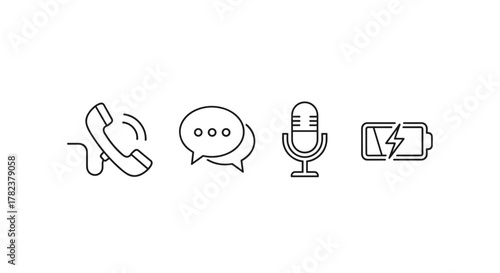 Set of four clean, minimalist line icons representing communication and power: a ringing telephone handset, two overlapping speech bubbles with ellipsis, a vintage microphone on a stand, and a