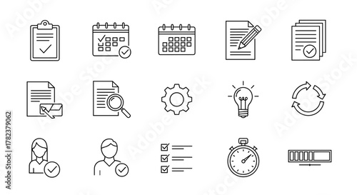 Set of outline icons related to checklist, plan, task, to-do list, linear icon collection, editable stroke, vector illustration, ordered line icons, clipboard, calendar, document, writing, email