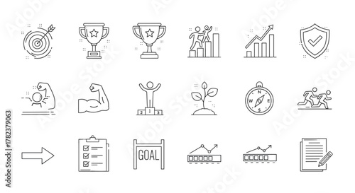 Success line editable icon set, featuring target, achievement, strategy, safety, motivation, winner, growth, mission, competition, aim, objectives, progress, and more, representing business goals and