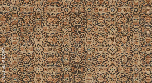 Seamless geometric Arabic pattern set, Islamic background with intricate star and floral motifs, traditional design elements, rich earthy tones, detailed texture, perfect for cultural or