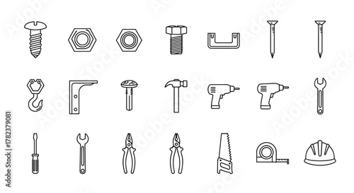 Collection of line icons representing various construction and hardware elements, including screws, nuts, bolts, nails, a hook, a bracket, a hammer, drills, wrenches, pliers, a saw, a measuring tape
