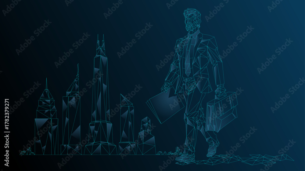 Obraz premium A businessman walks with a briefcase and securities against the backdrop of the skyscrapers of the city's business center. Vector abstract illustration wireframe, network, low poly.