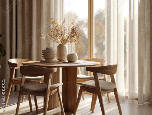 A wooden table with four chairs around it. A vase with flowers on it sits on the table