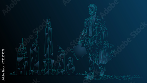 A businessman walks with a briefcase and securities against the backdrop of the skyscrapers of the city's business center. Vector abstract illustration wireframe, network, low poly.