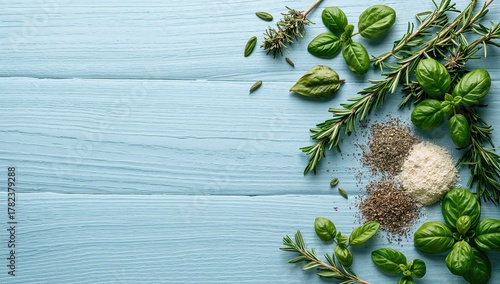 Herbs and spices arranged o...