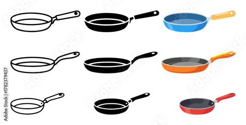 Set of nine vector icons and illustrations of various frying pans in line, glyph, and color styles, for cooking, kitchenware, and culinary concepts.