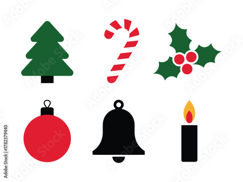 A collection of six flat design Christmas icons, including a tree, candy cane, holly, ornament, bell, and candle.