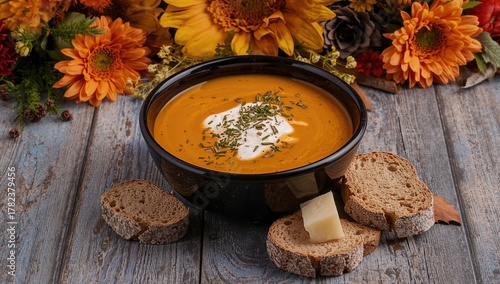 Autumn pumpkin soup served ...
