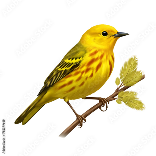 Vibrant yellow warbler isolated on transparent background, a small, bright bird perched on a branch, showcasing its distinctive plumage and delicate features