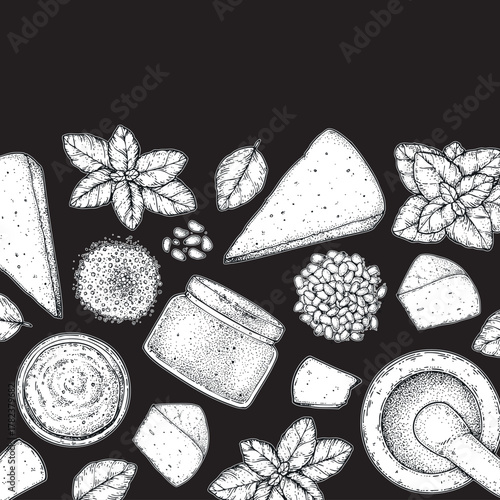 Pesto sauce ingredients vector illustration. Hand drawn sketch. Italian food. Basil, parmesan cheese, pine nuts, garlic, salt, arugula, mortar and pestle