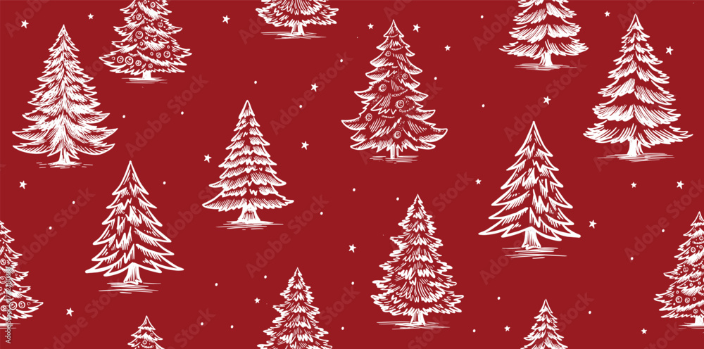 Obraz premium Christmas pattern with tree on red, hand-drawn illustrations 