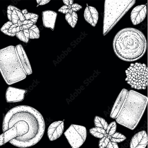 Pesto sauce ingredients illustration. Hand drawn sketch. Italian food. Basil, parmesan cheese, pine nuts, garlic, salt, arugula, mortar and pestle