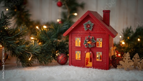 Red wooden toy house encirc...