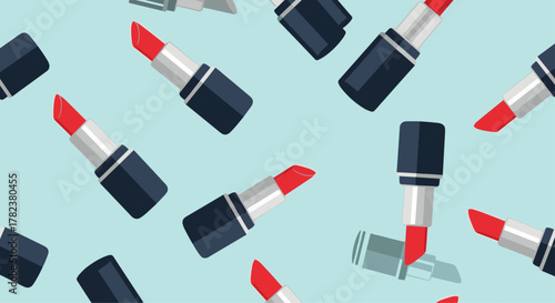 Red lipstick tubes are scattered randomly across a light teal background in this repeating seamless pattern illustration for beauty concepts.