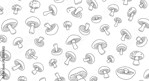 Hand-drawn mushrooms of various shapes and sizes are scattered randomly in this black and white seamless pattern on a white background.