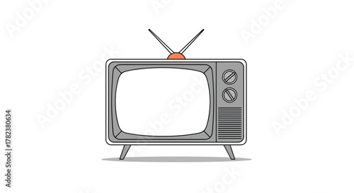 Vintage television set with rabbit ear antennas stands on four legs, featuring a blank white screen for custom content placement.