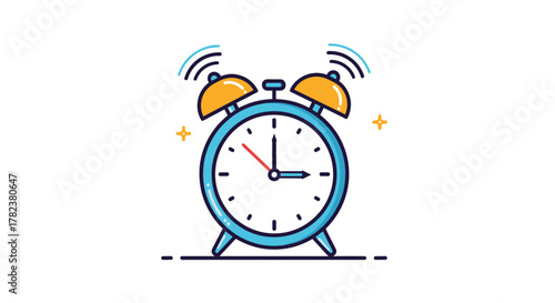 Blue twin bell alarm clock is ringing loudly, indicating it is time to wake up, with motion lines and sparkles in a cute cartoon style.