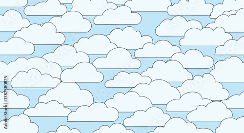 Numerous white cartoon clouds with blue outlines are arranged closely together against a light blue sky in a simple, calming pattern.